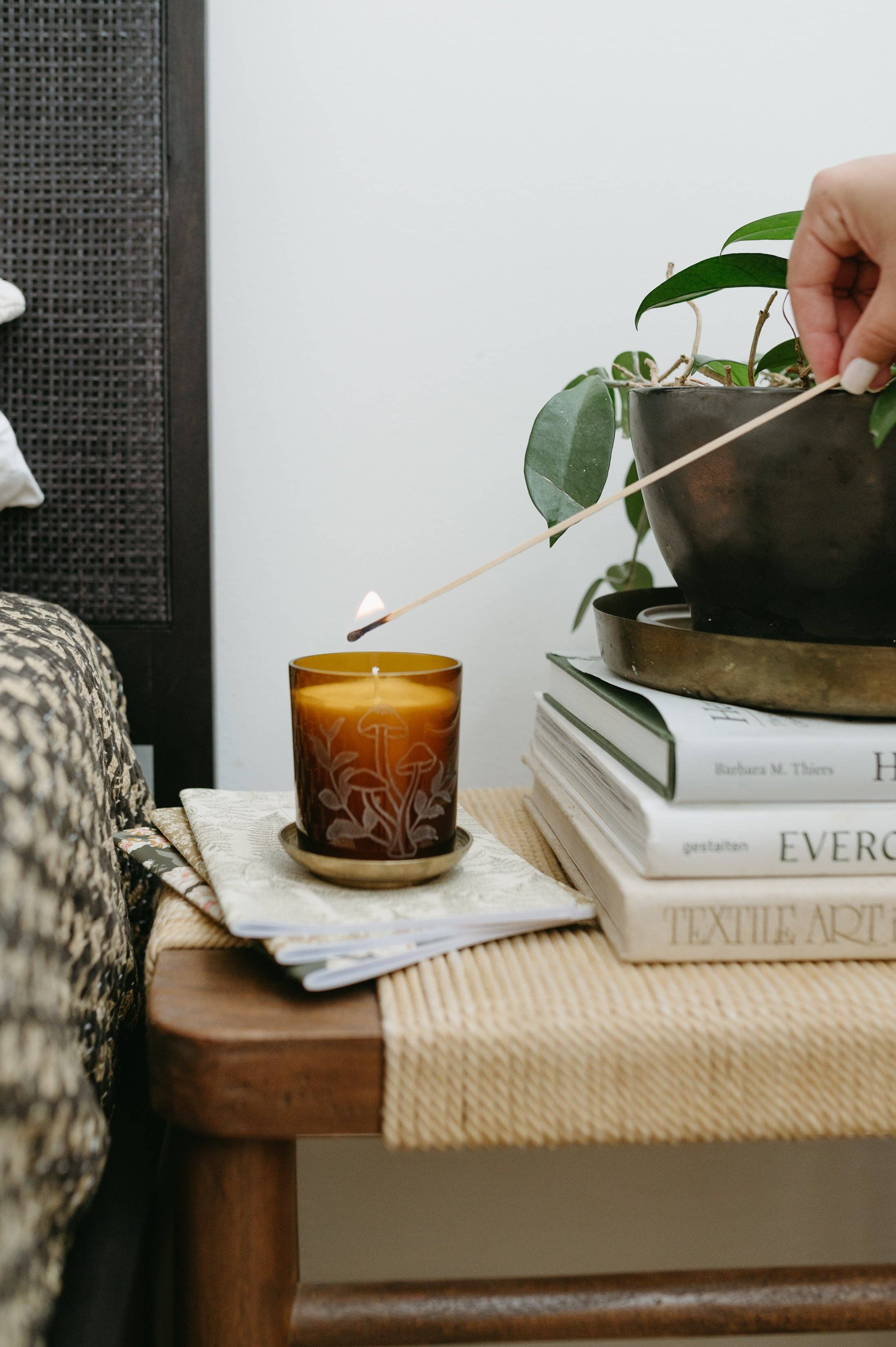 Forest Floor Candle | Soy Wax & Etched Amber Glass Mushrooms