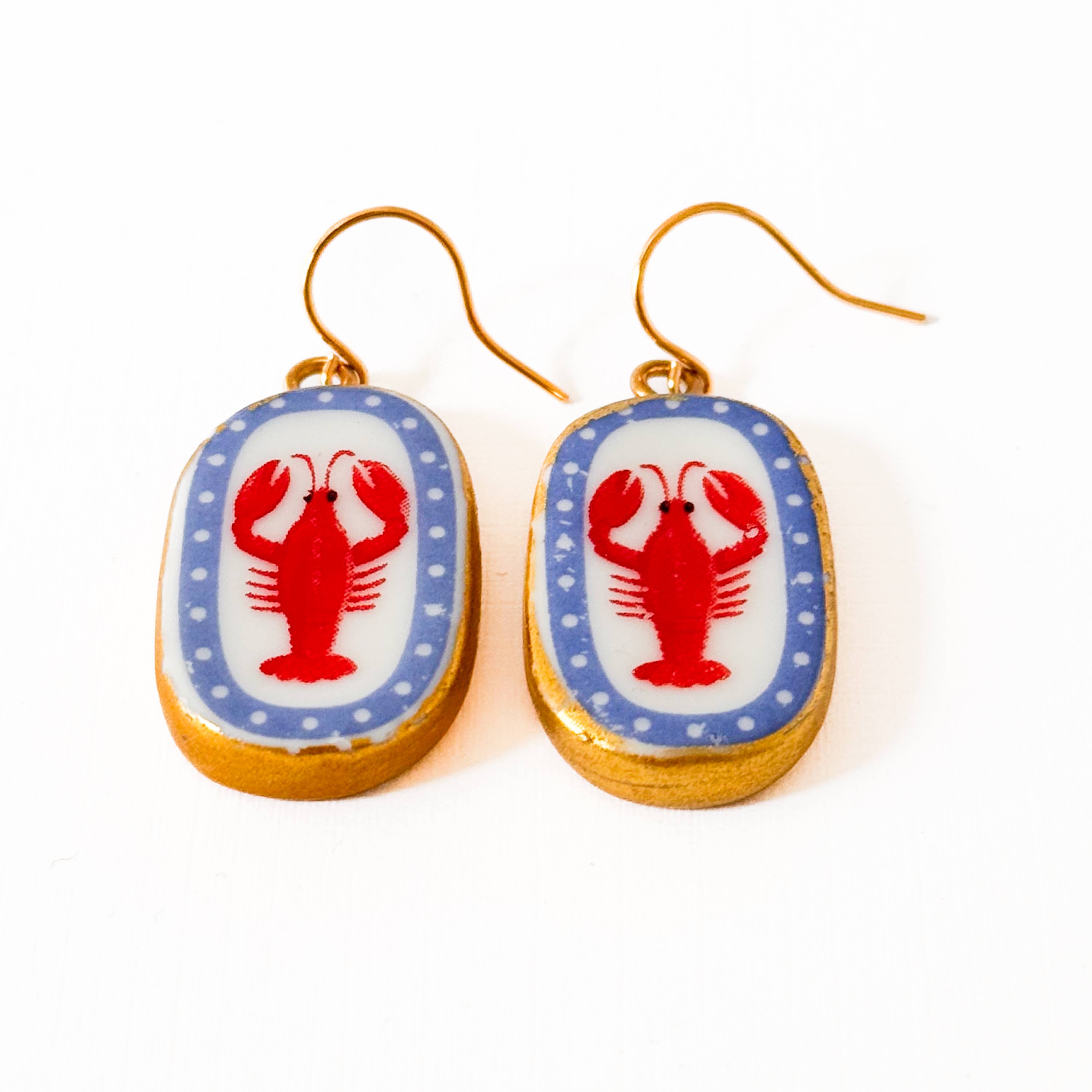 Ceramic Lobster Earrings Gold Plated Coastal Nautical