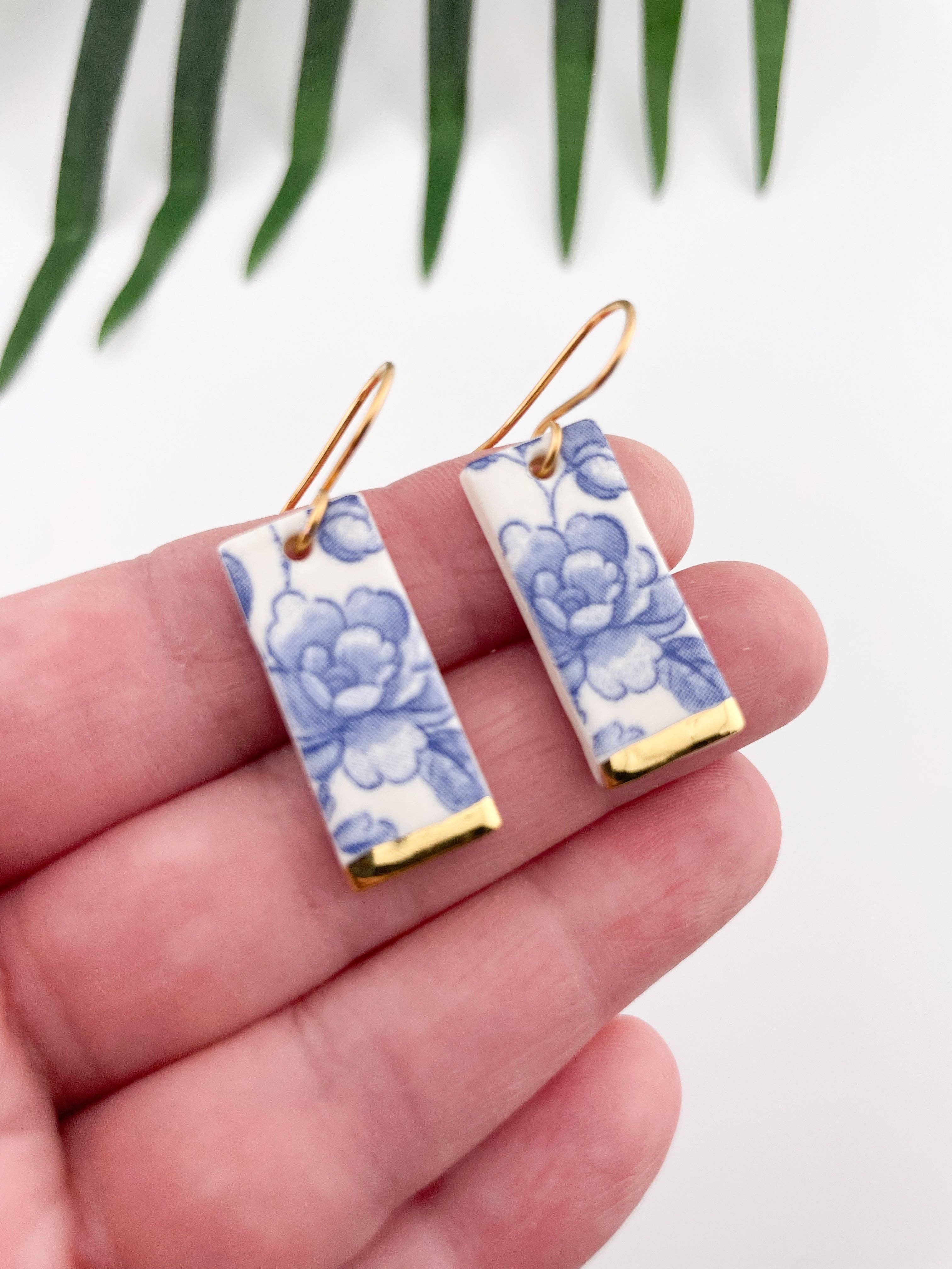 Blue China Wide Rectangle Dangle earrings with gold tips