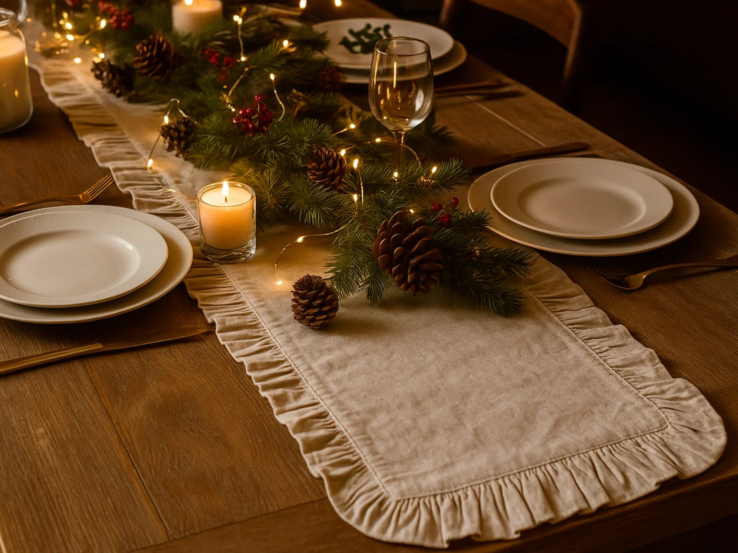 Canvas Ruffle Table Runner | Dining Table Runner