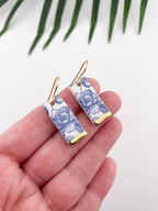 Blue China Wide Rectangle Dangle earrings with gold tips