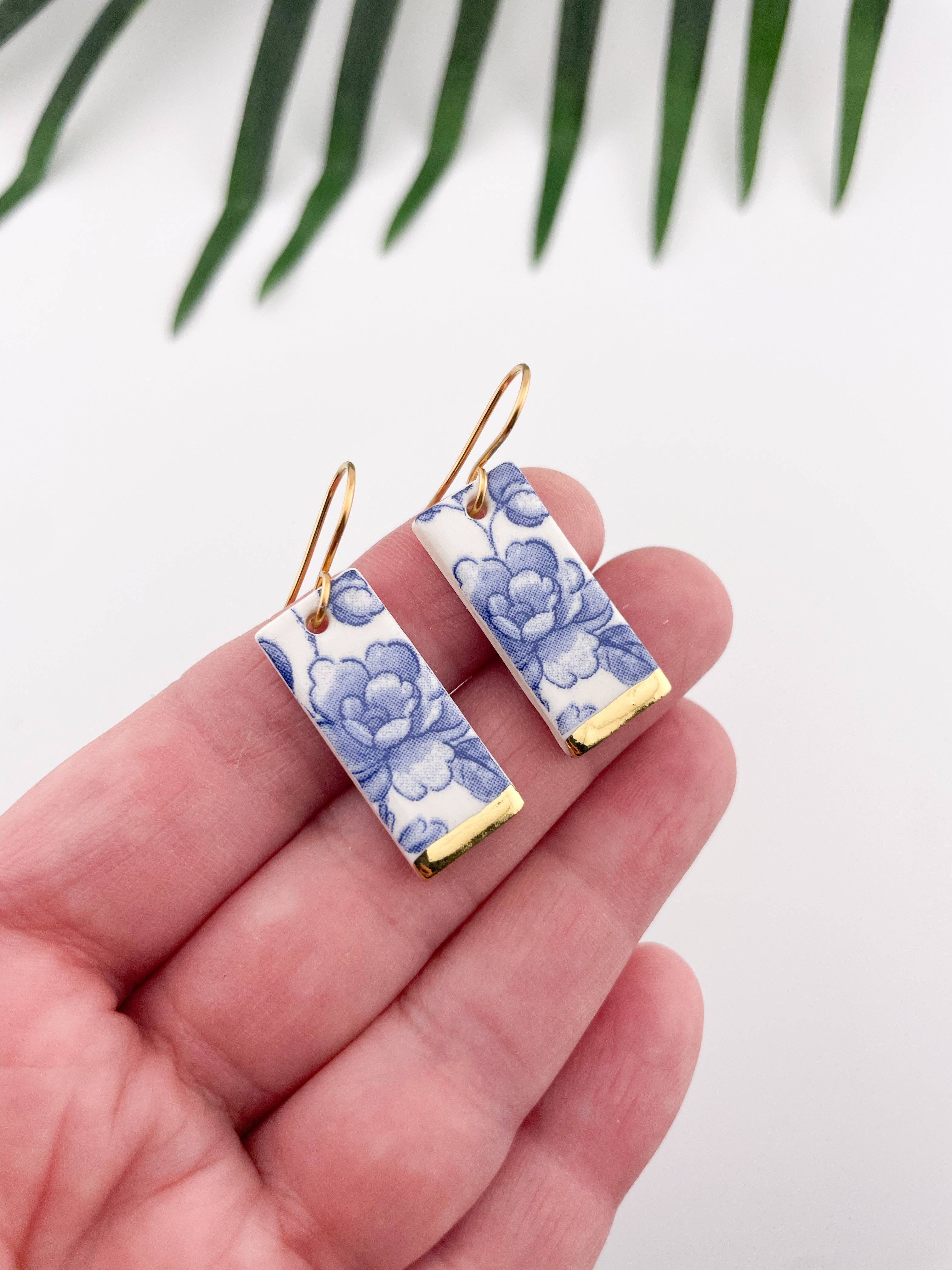 Blue China Wide Rectangle Dangle earrings with gold tips