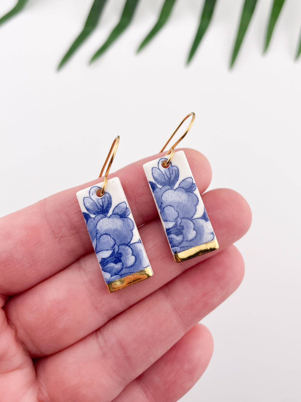 Blue China Wide Rectangle Dangle earrings with gold tips