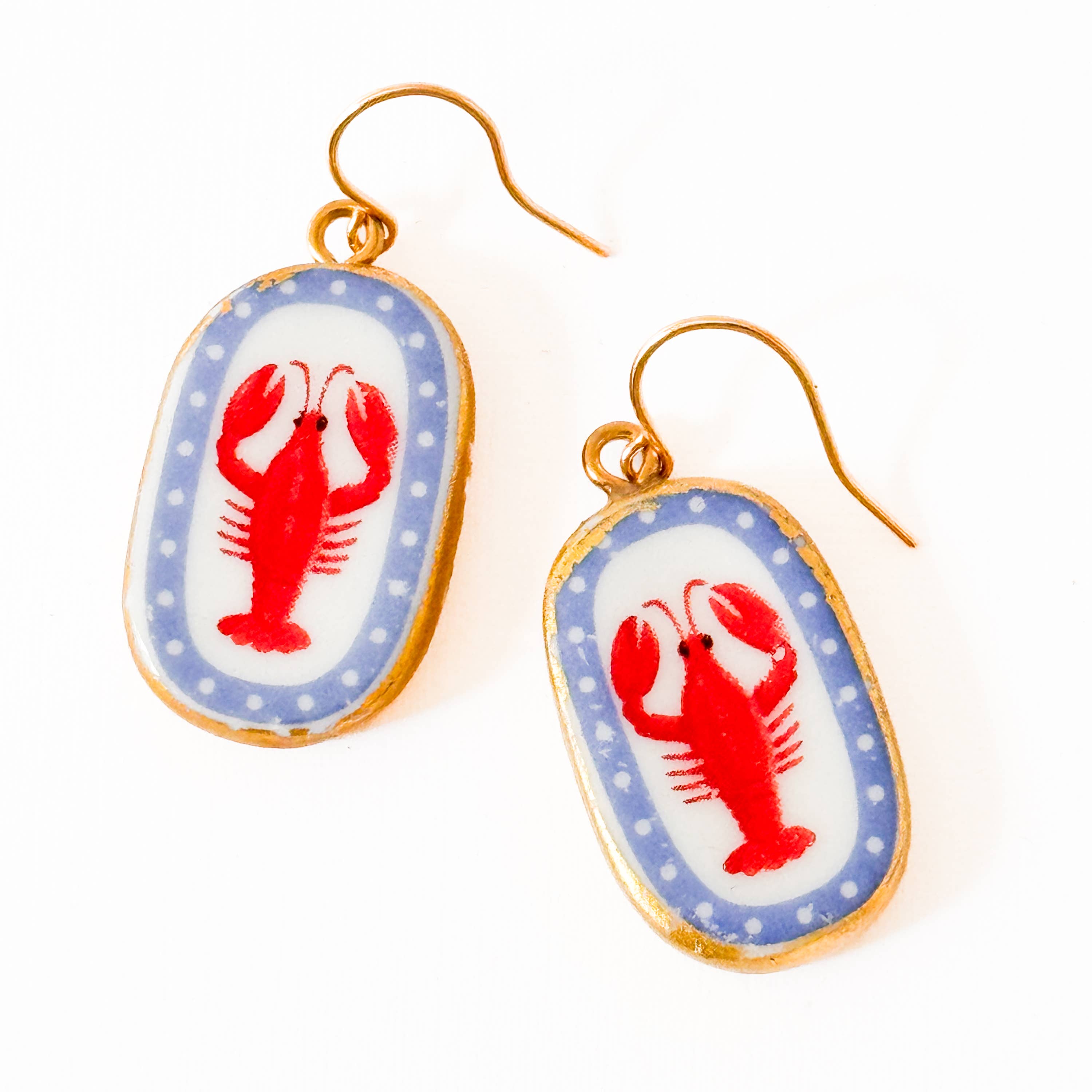 Ceramic Lobster Earrings Gold Plated Coastal Nautical