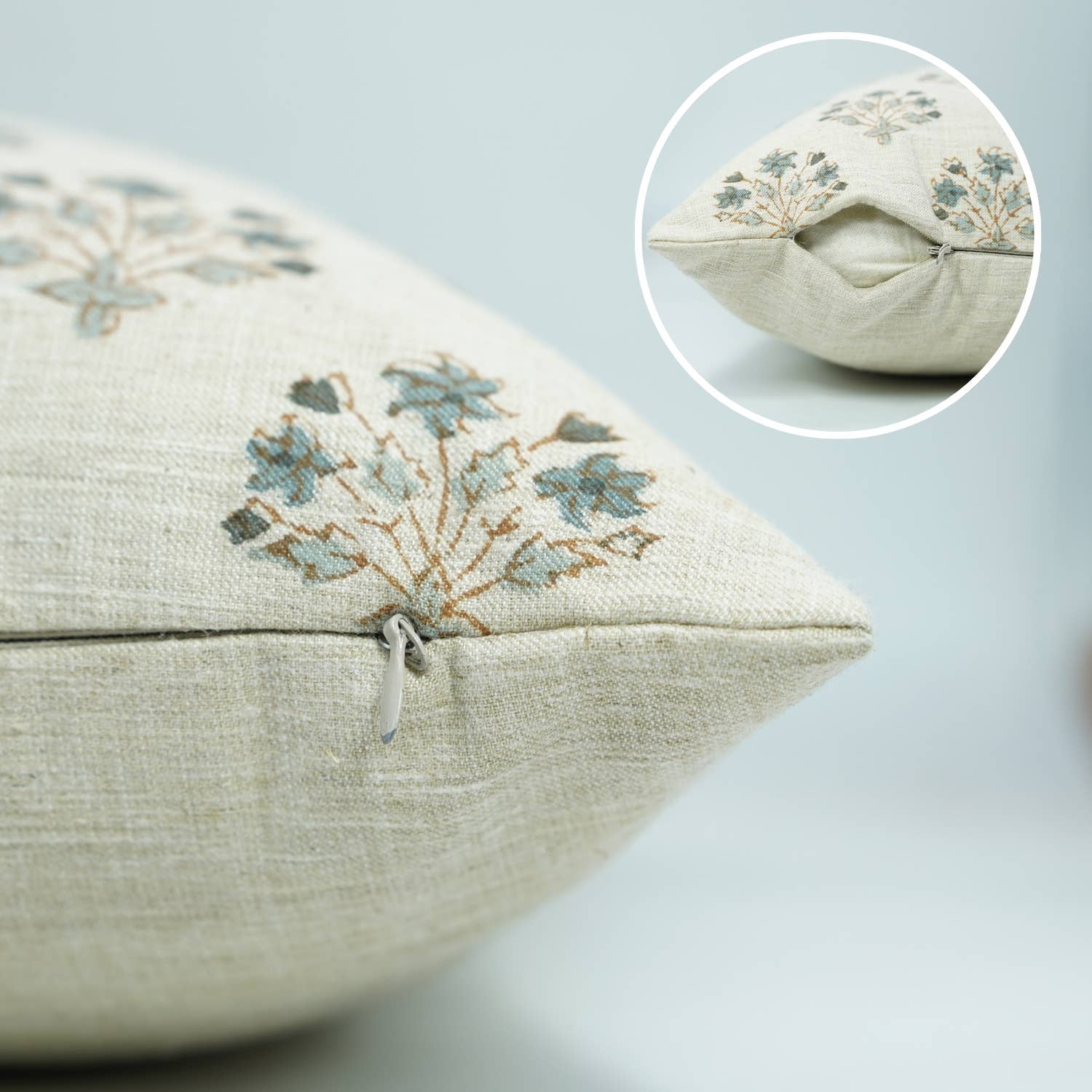 Floral Block Print Linen Blend Pillow Cover- Diwali Flower 20 X20