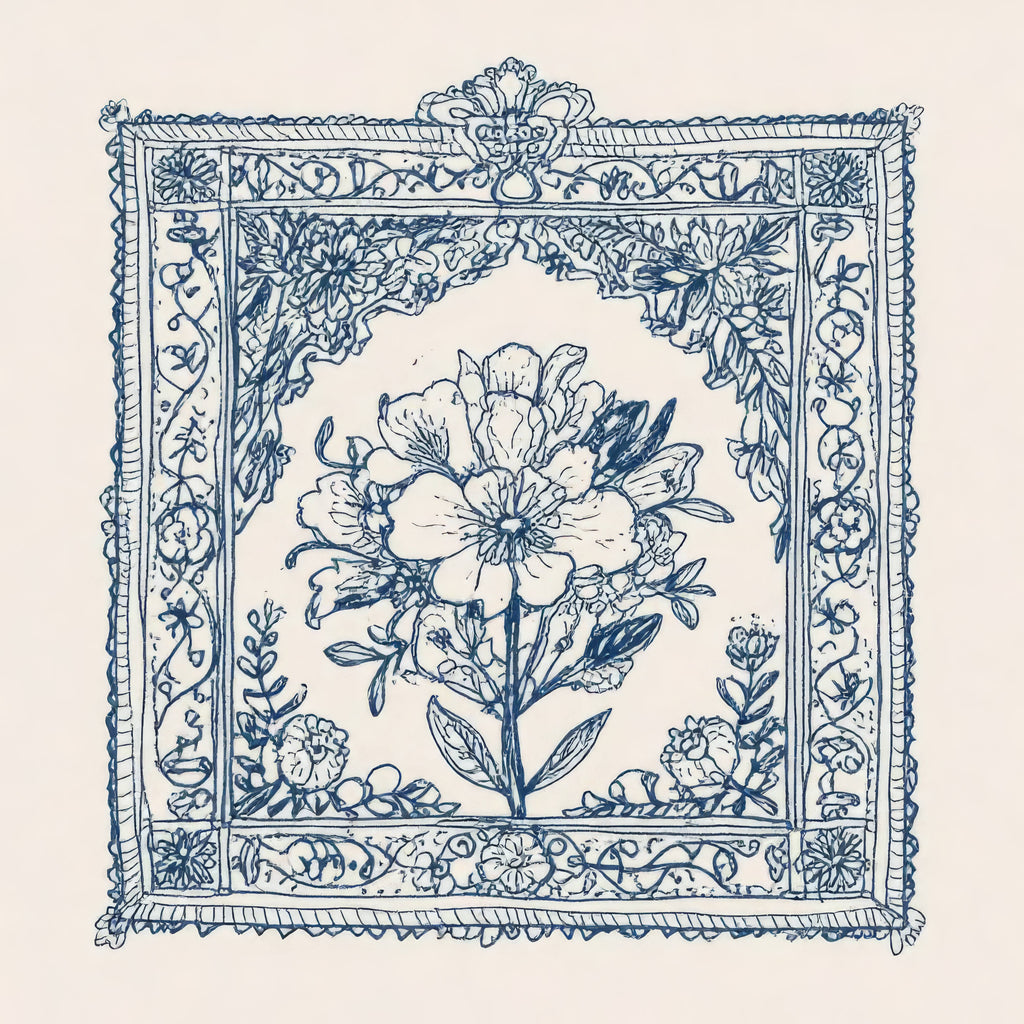 Floral Damask Art Print, Blue floral line art