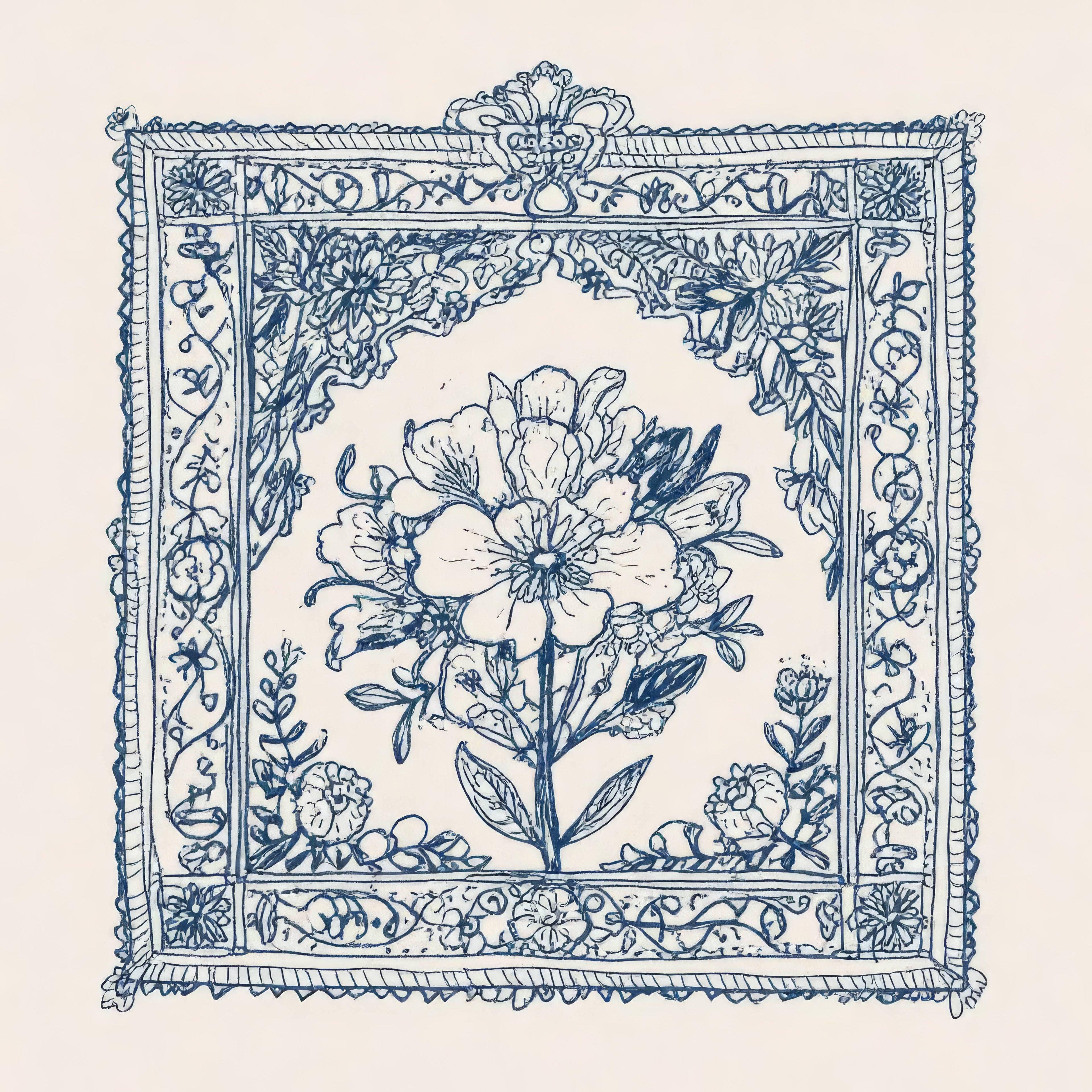 Floral Damask Art Print, Blue floral line art