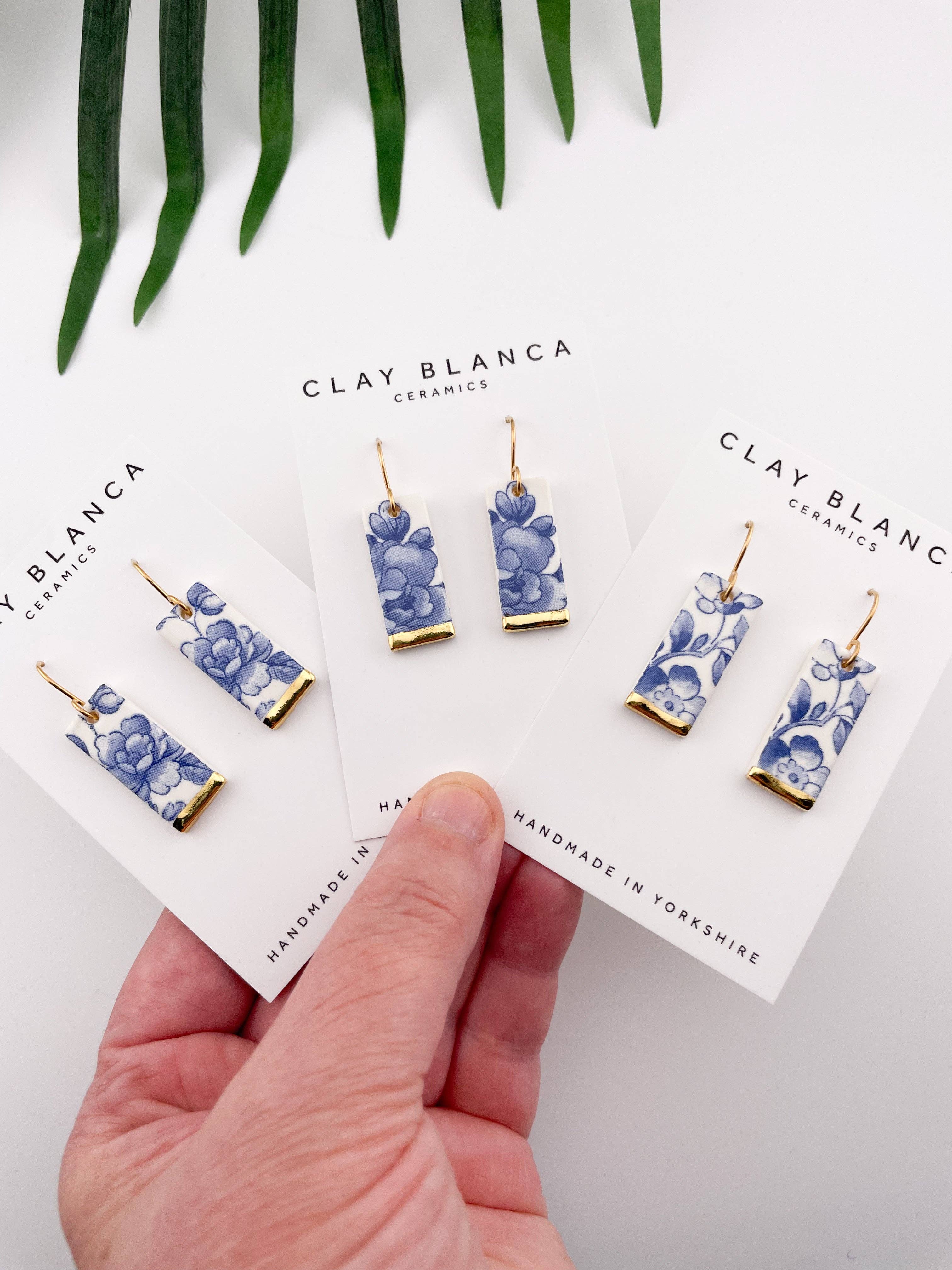 Blue China Wide Rectangle Dangle earrings with gold tips
