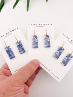 Blue China Wide Rectangle Dangle earrings on gold wire
