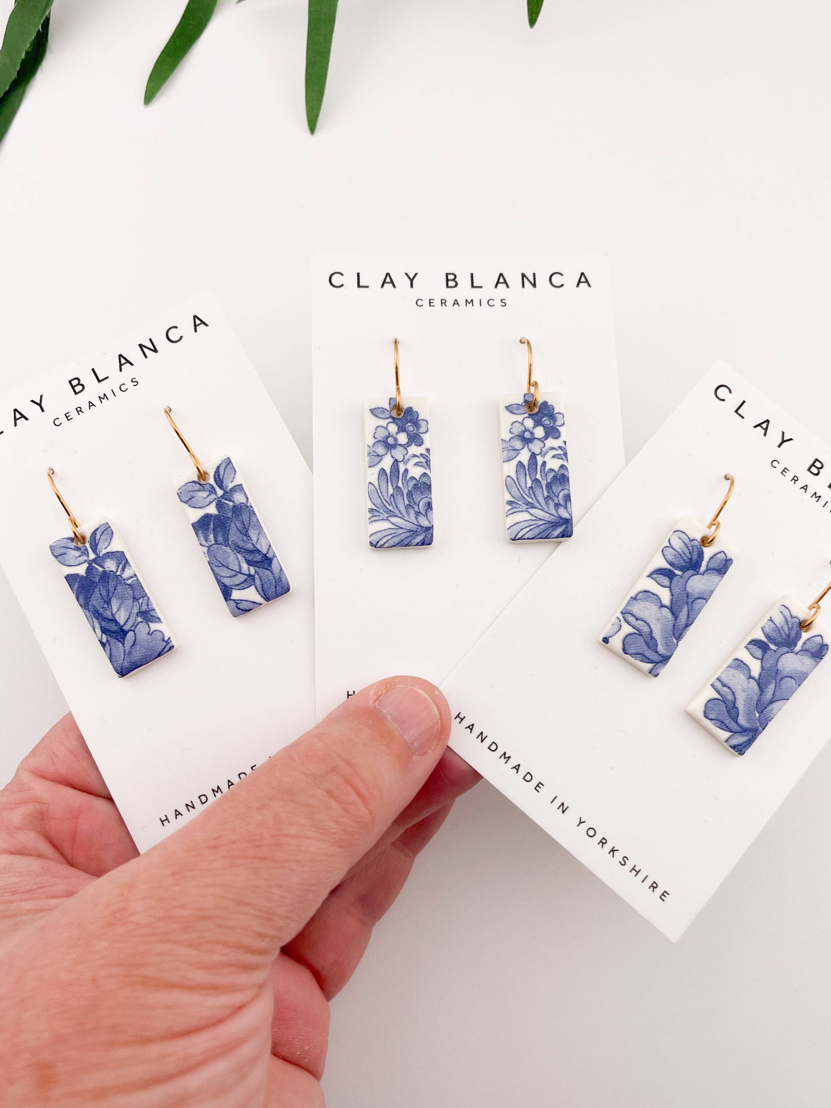 Blue China Wide Rectangle Dangle earrings on gold wire