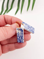 Blue China Wide Rectangle Dangle earrings on gold wire
