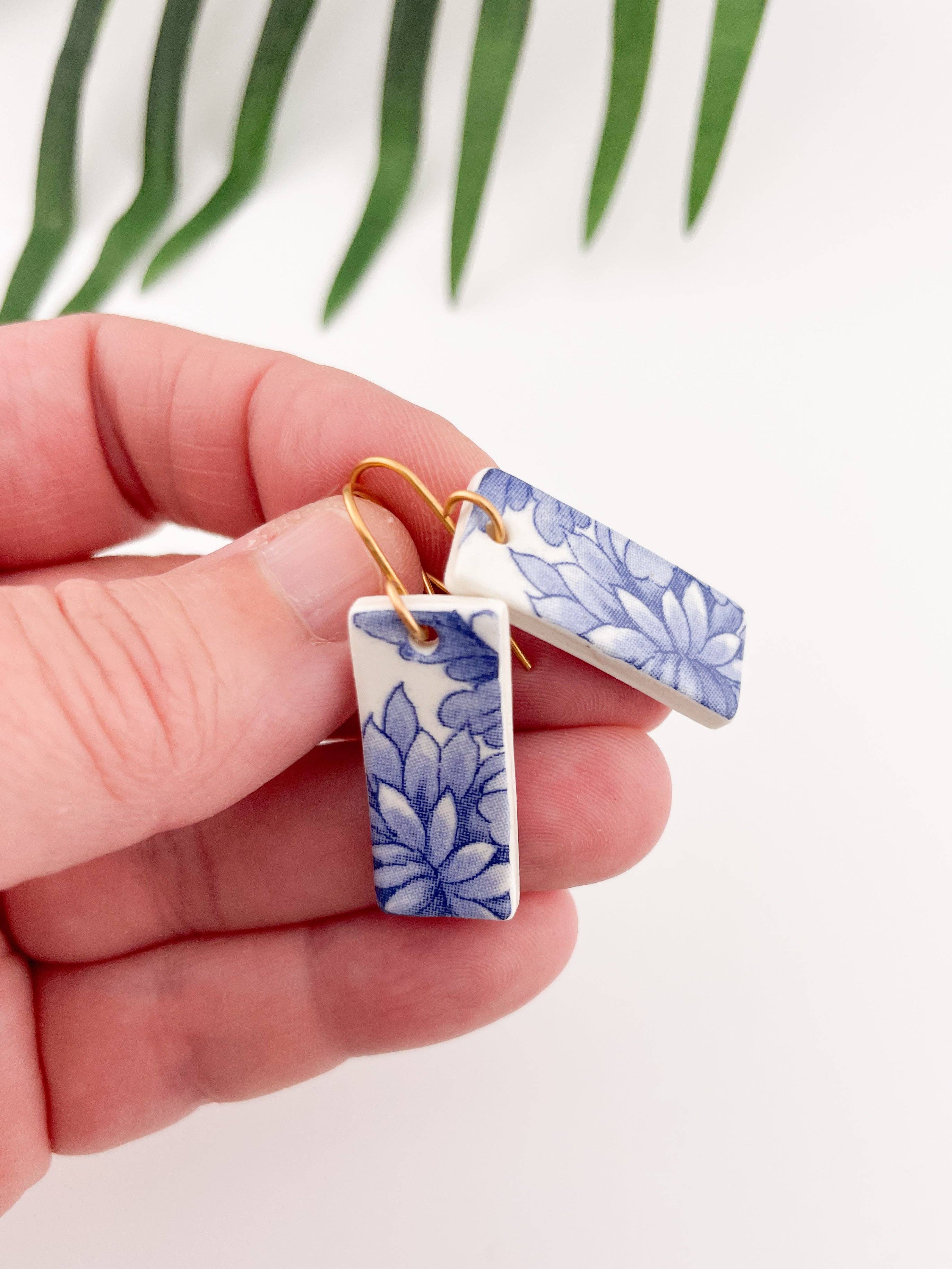 Blue China Wide Rectangle Dangle earrings on gold wire