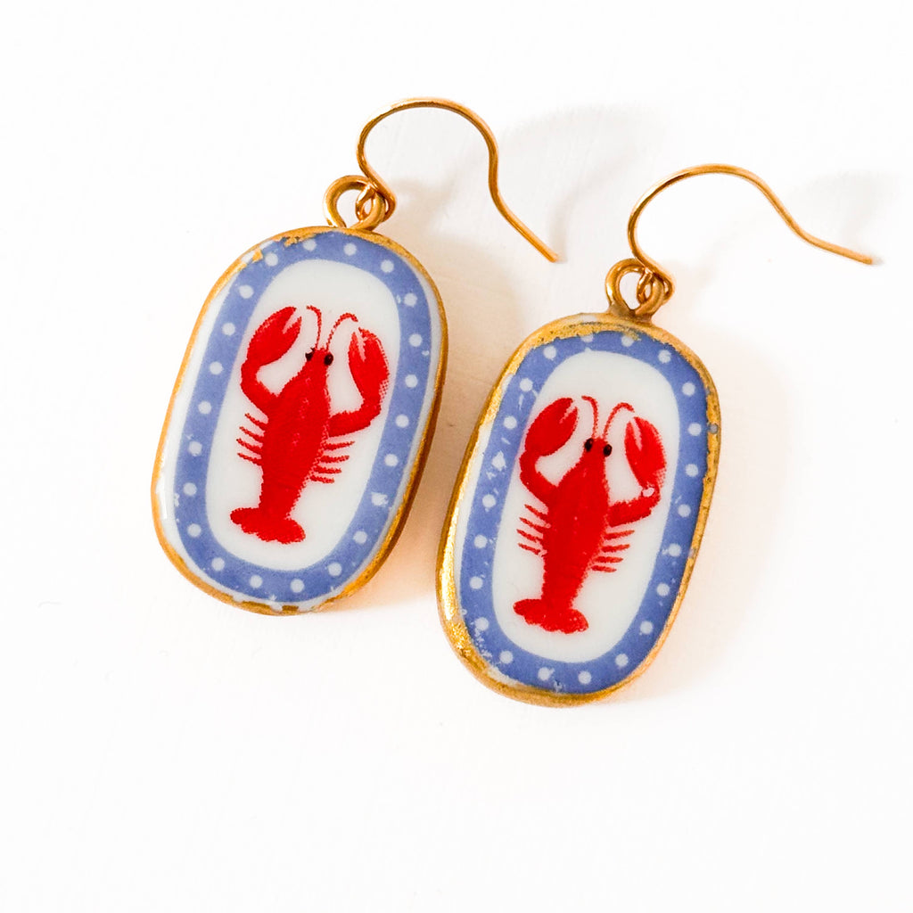 Ceramic Lobster Earrings Gold Plated Coastal Nautical