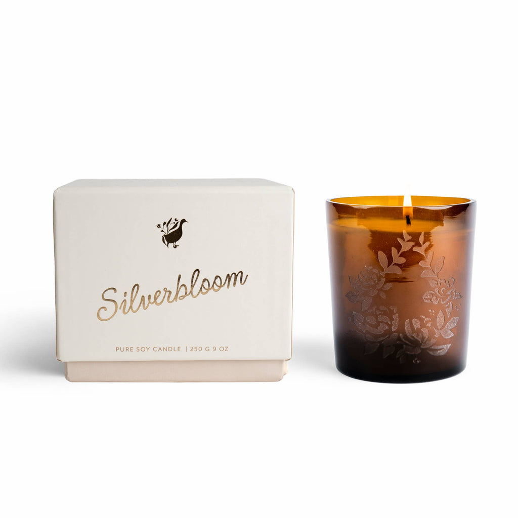 Silverbloom Candle| Soy Wax Amber Glass Gold Foil Box