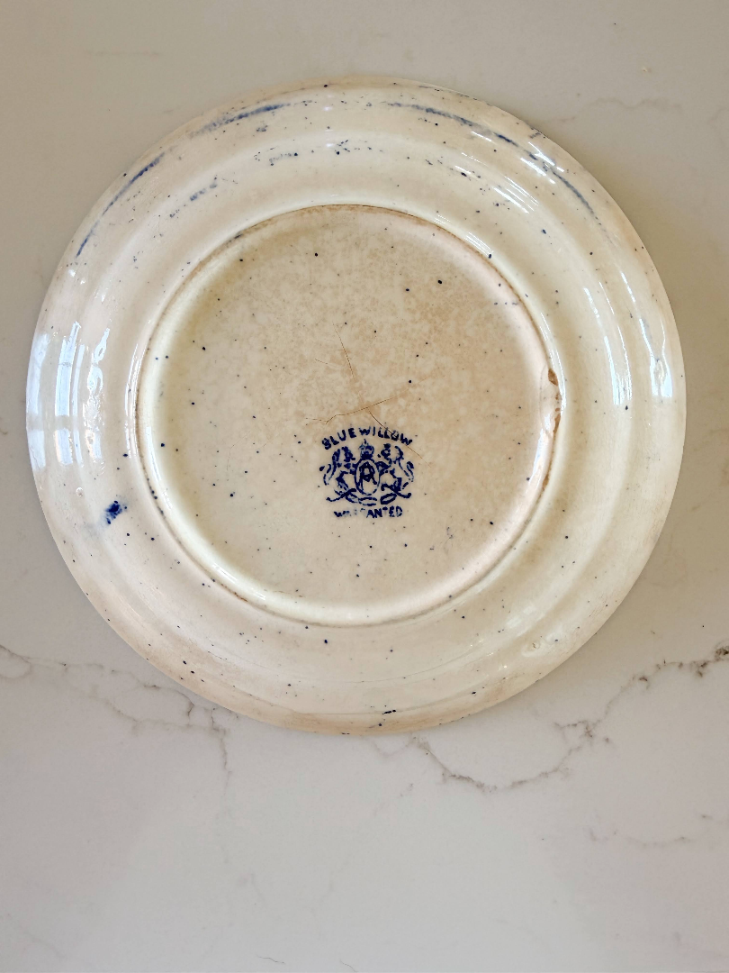 Antique Blue Willow Transferware Plate - Thick Patina & Crazing