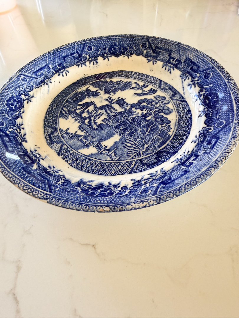 Antique Blue Willow Transferware Plate - Thick Patina & Crazing