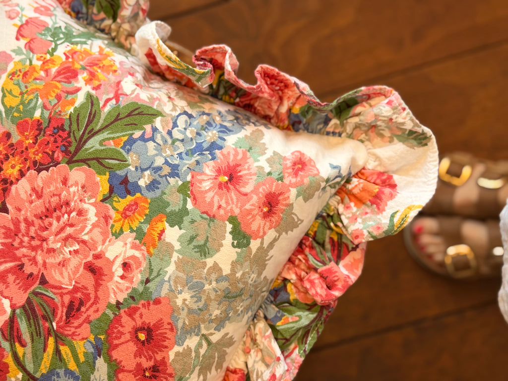 Vintage Ralph Lauren Floral Ruffled Pillow,  Beach house pattern – 16" x 16"