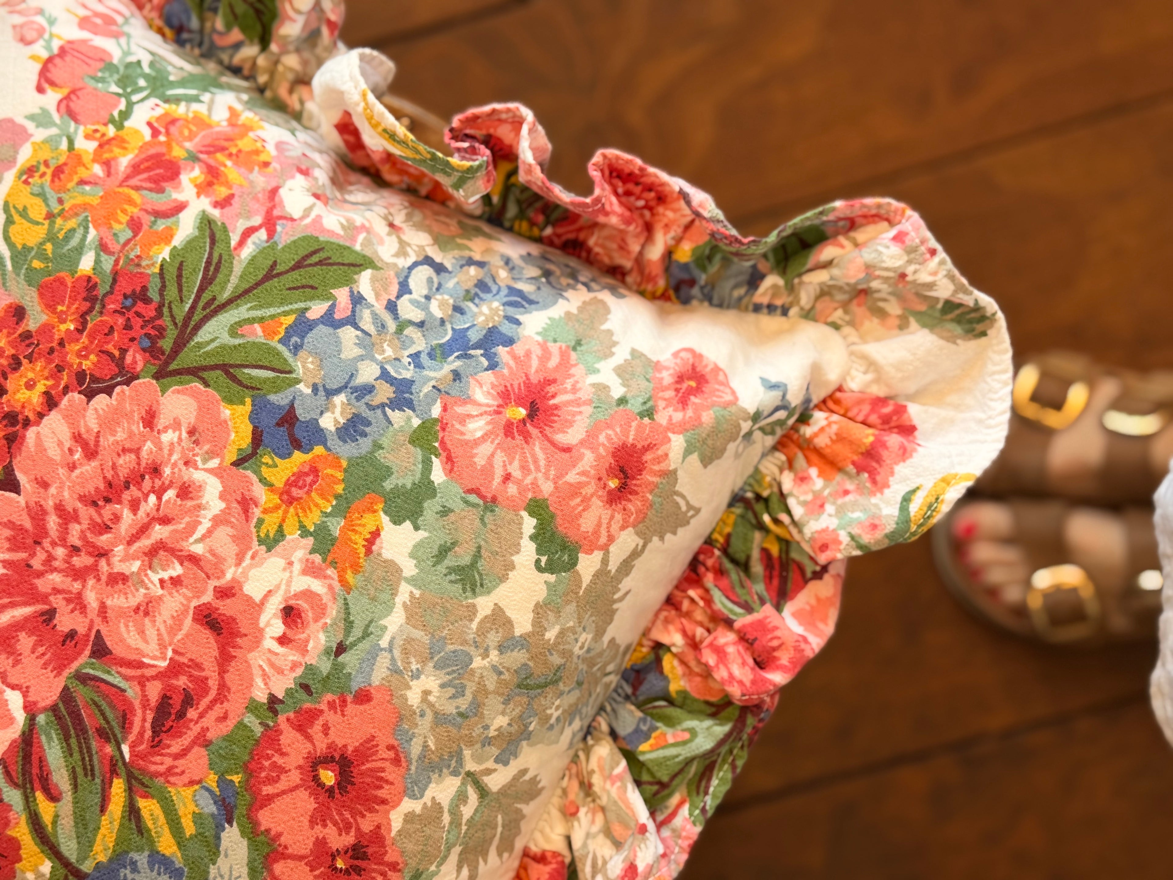 Vintage Ralph Lauren Floral Ruffled Pillow,  Beach house pattern – 16" x 16"