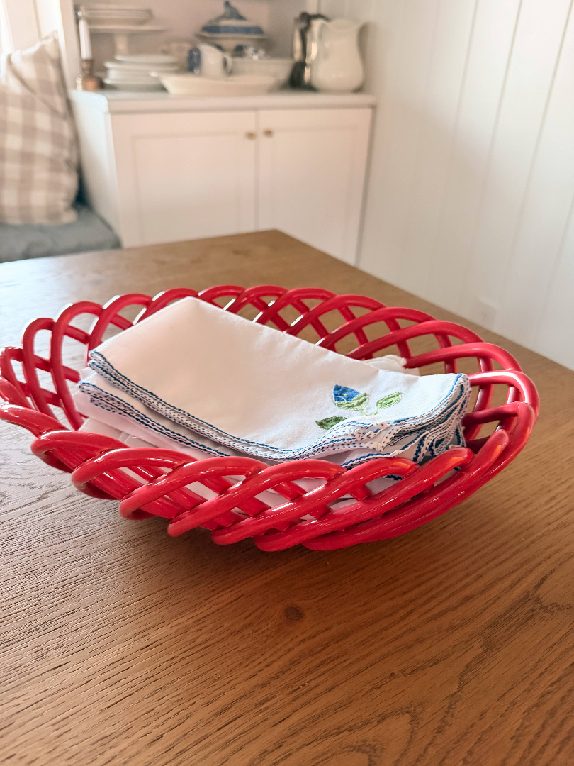 Vintage 2004 Mervyn's Glossy Red Ceramic Lattice Woven Basket