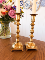 Vintage Tall Square Base Brass Candlestick Holders - Pair