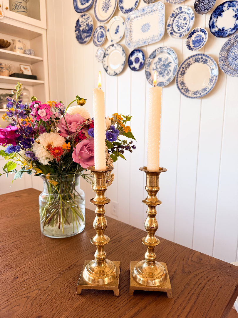 Vintage Tall Square Base Brass Candlestick Holders - Pair