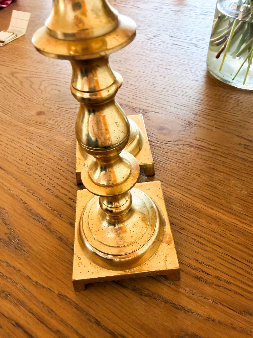 Vintage Tall Square Base Brass Candlestick Holders - Pair