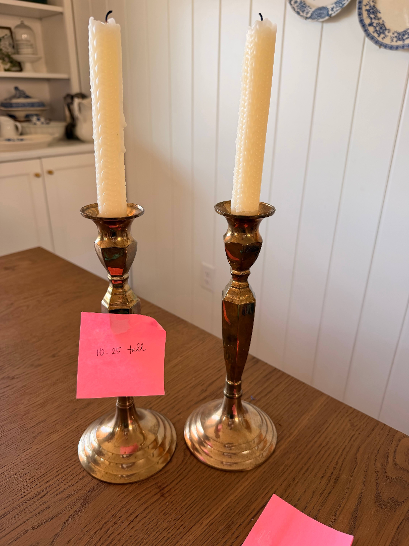 Vintage Tall Faceted Brass Candlestick Holders - Pair