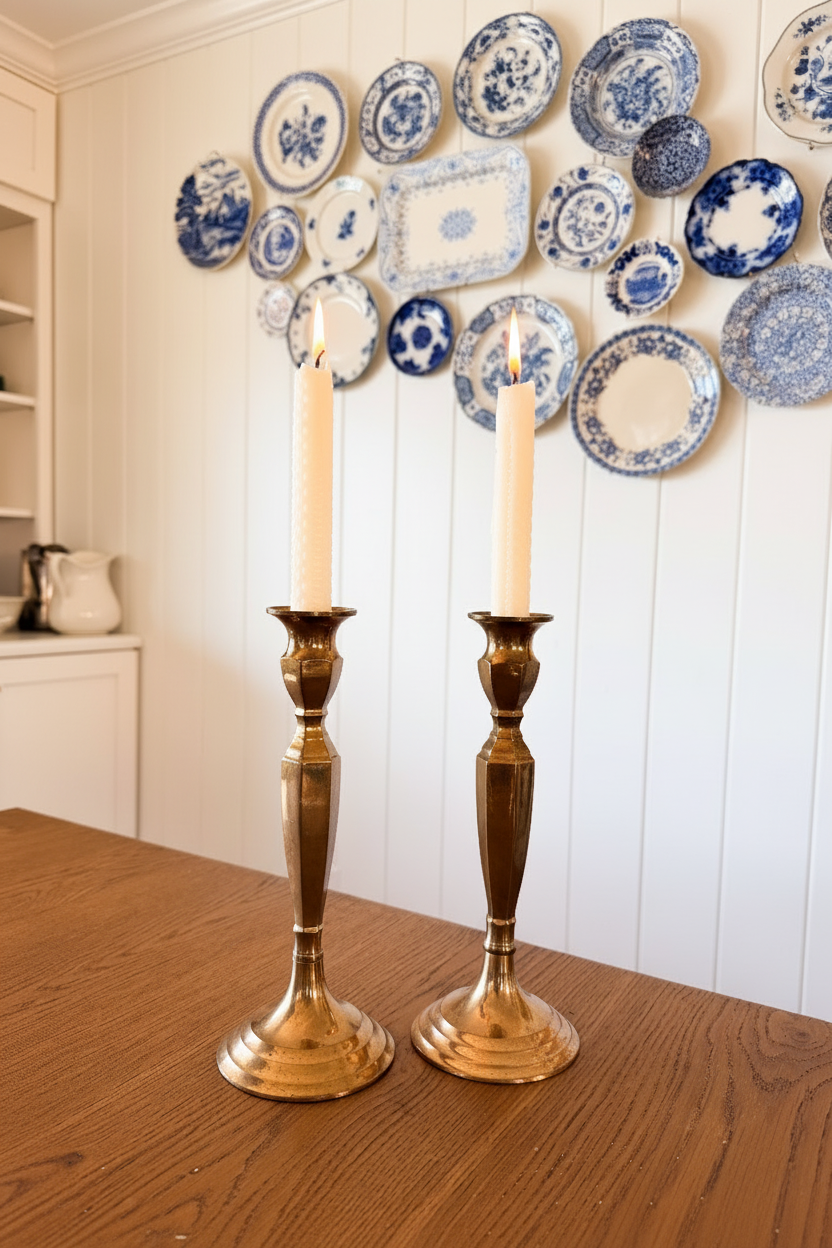 Vintage Tall Faceted Brass Candlestick Holders - Pair