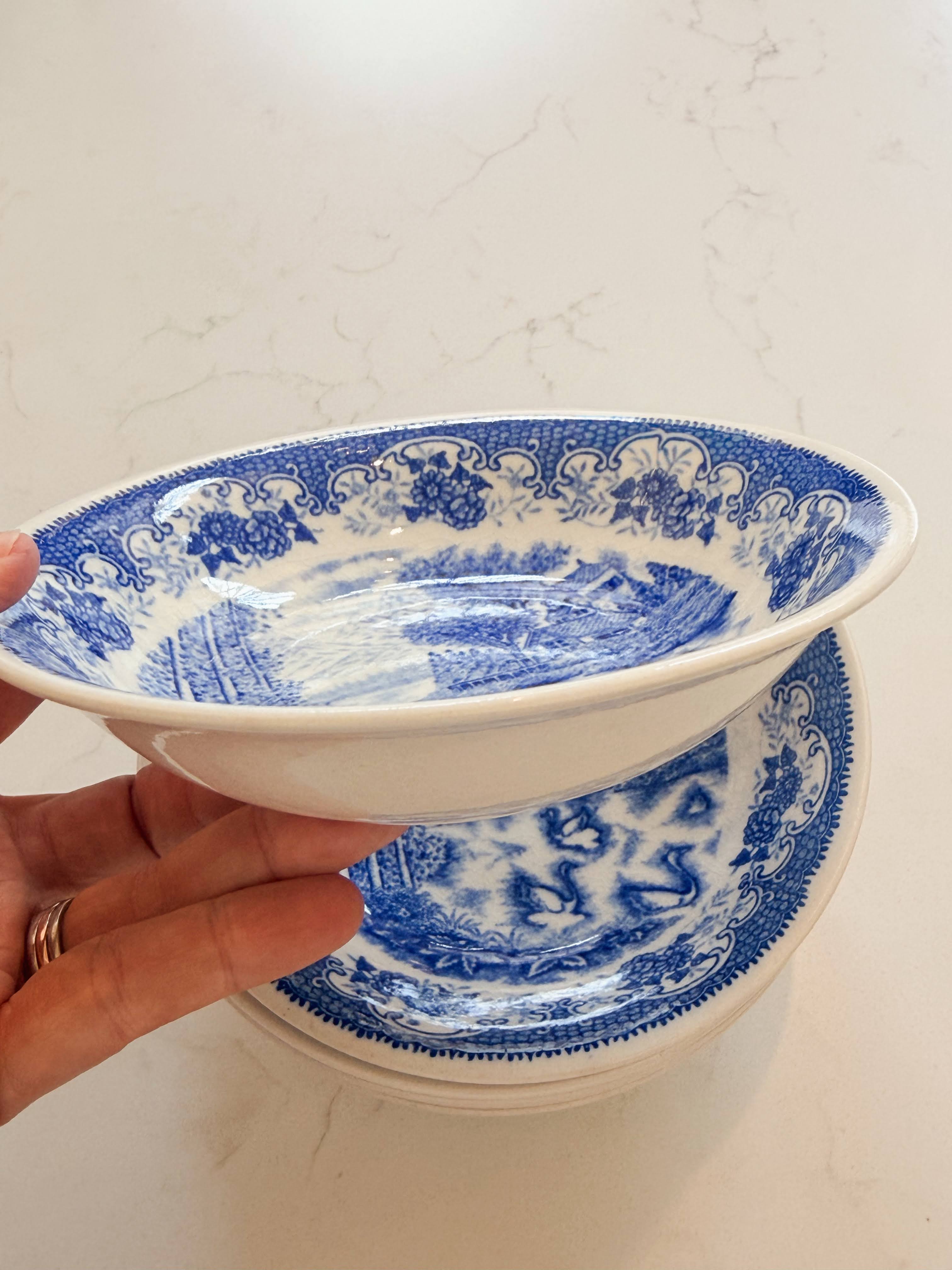 Vintage Blue and White Transferware Bowls - Scenic Swan Motif