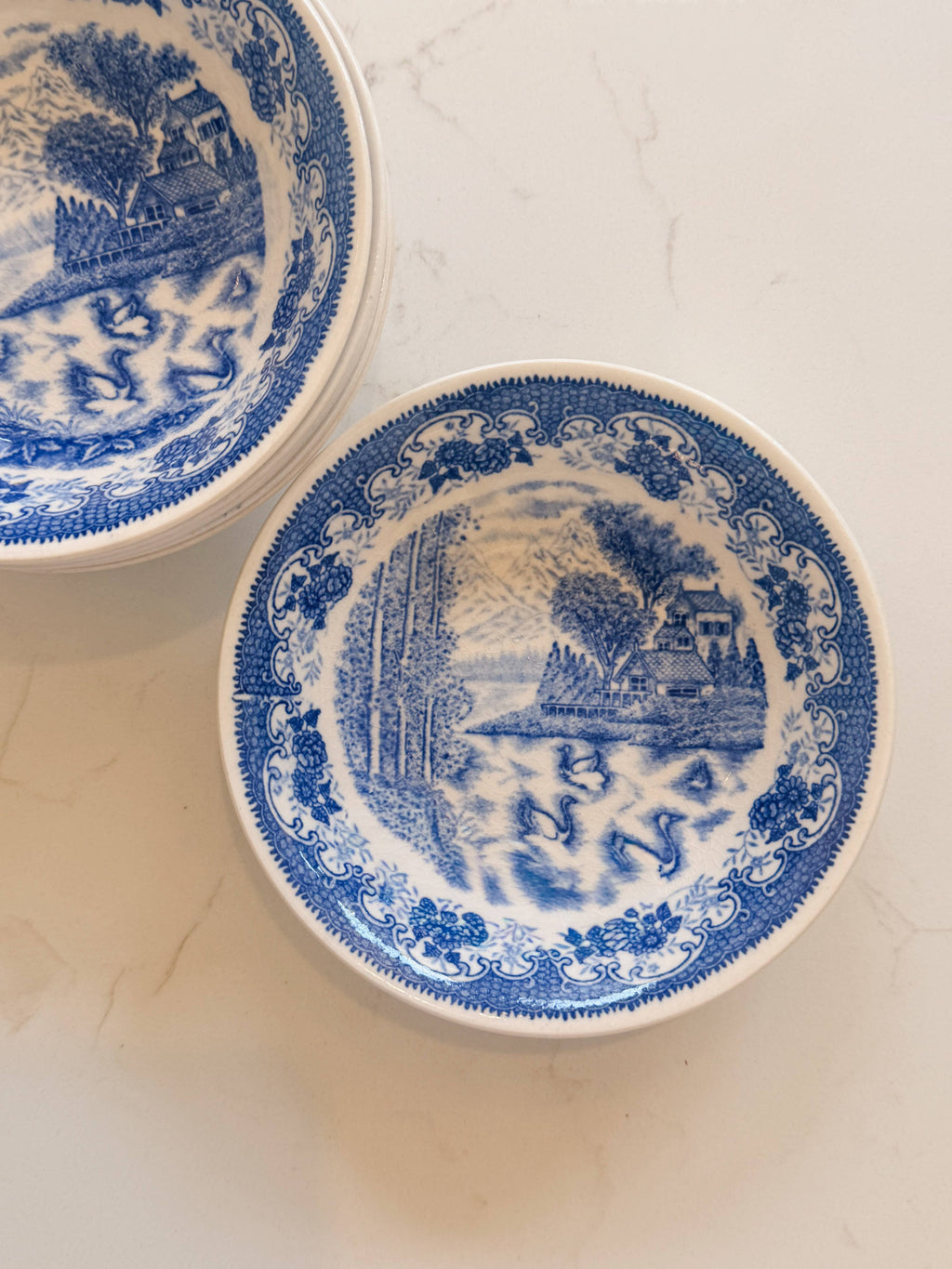 Vintage Blue and White Transferware Bowls - Scenic Swan Motif