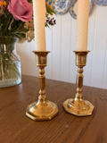 Vintage Solid Brass Octagonal Base Candlestick Holders - Pair