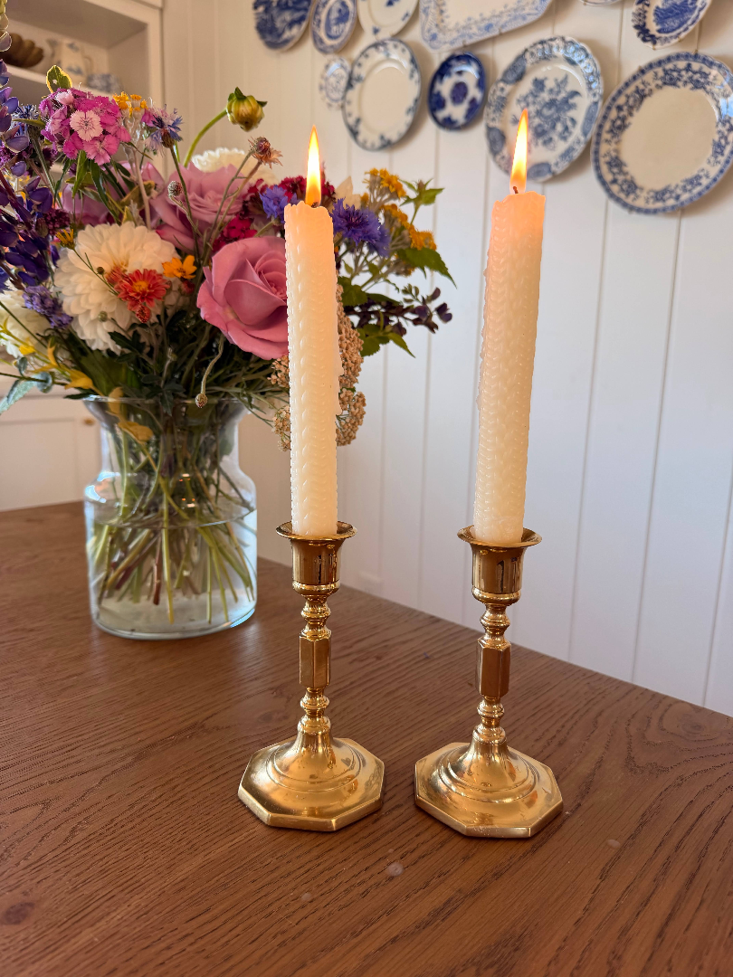Vintage Solid Brass Octagonal Base Candlestick Holders - Pair