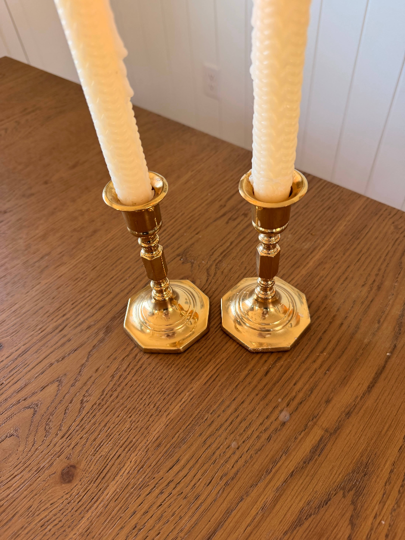 Vintage Solid Brass Octagonal Base Candlestick Holders - Pair