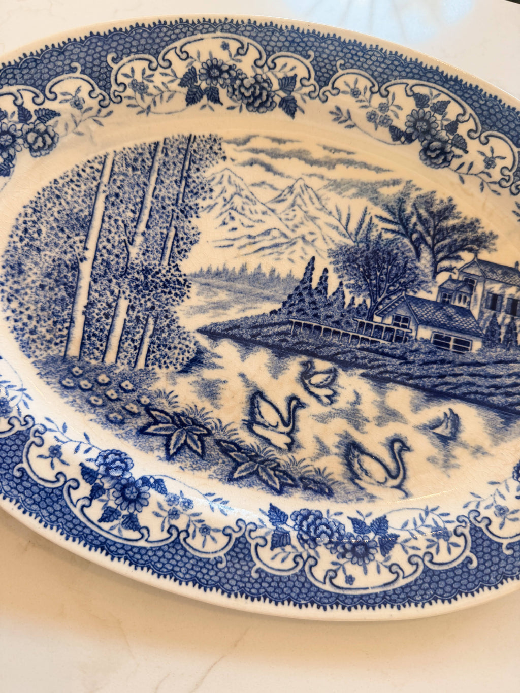 Vintage Blue and White Transferware Oval Serving Platter - Lake & Swan Motif