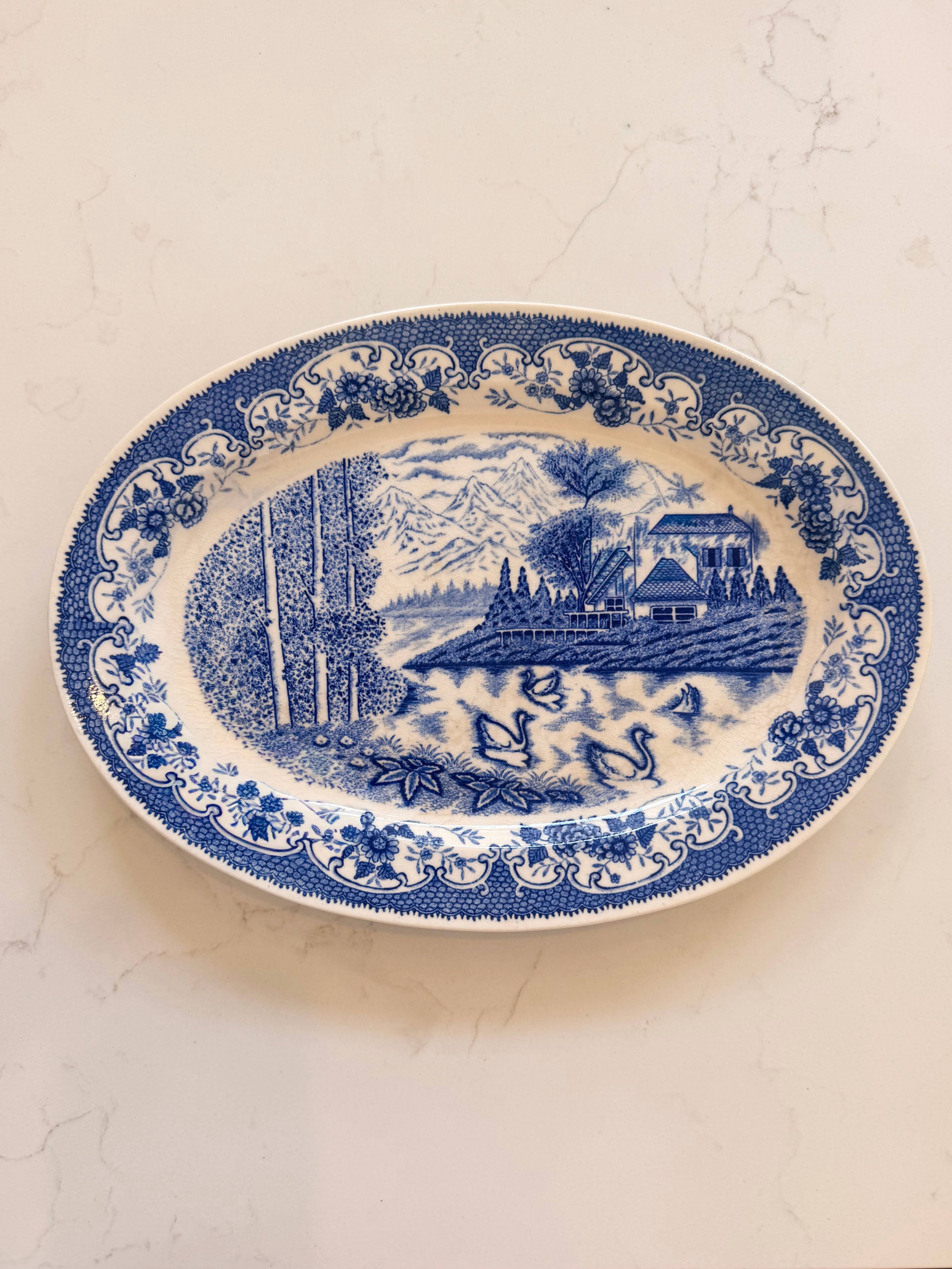 Vintage Blue and White Transferware Oval Serving Platter - Lake & Swan Motif