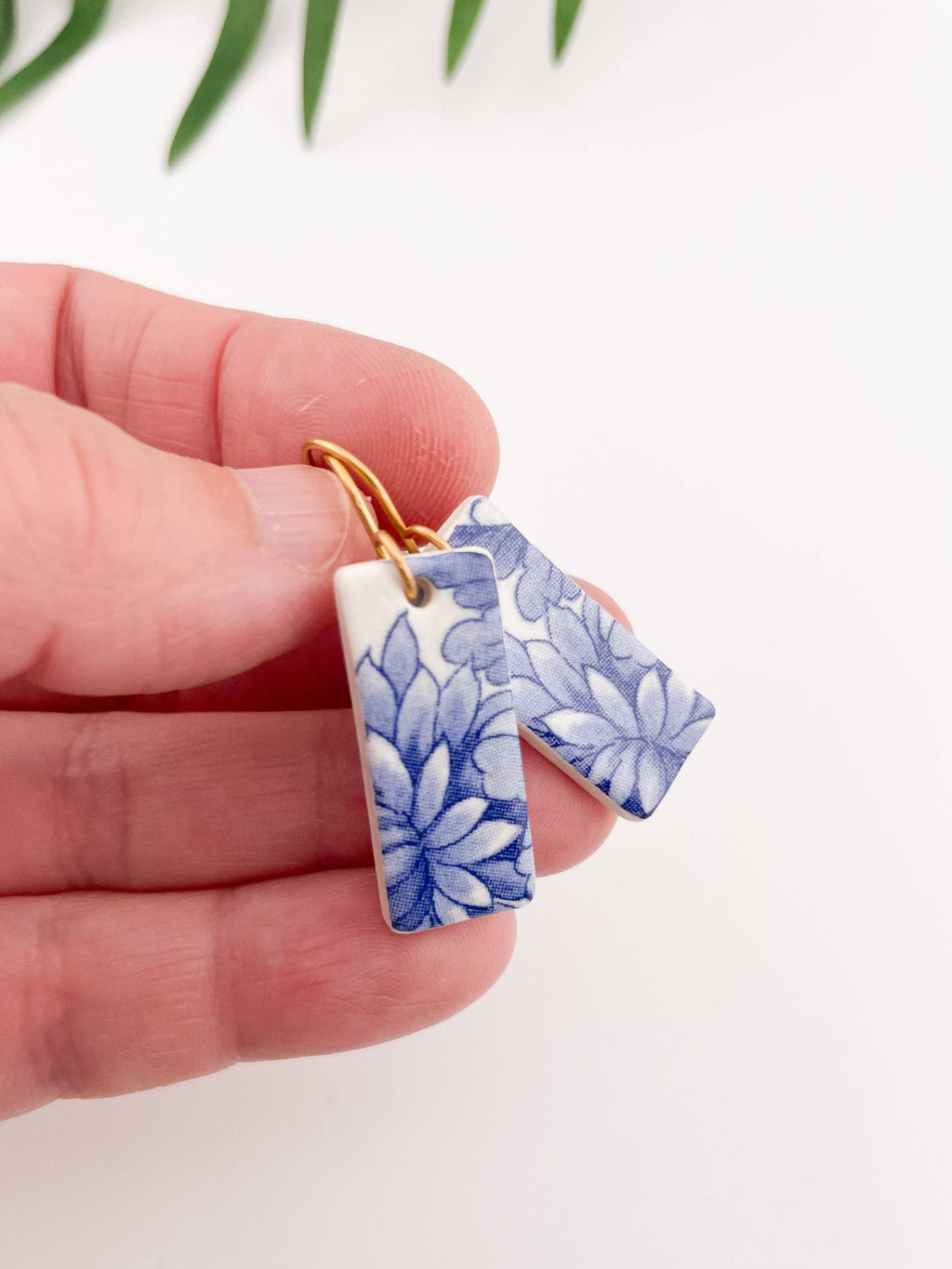 Blue China Wide Rectangle Dangle earrings on gold wire