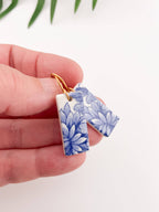 Blue China Wide Rectangle Dangle earrings on gold wire