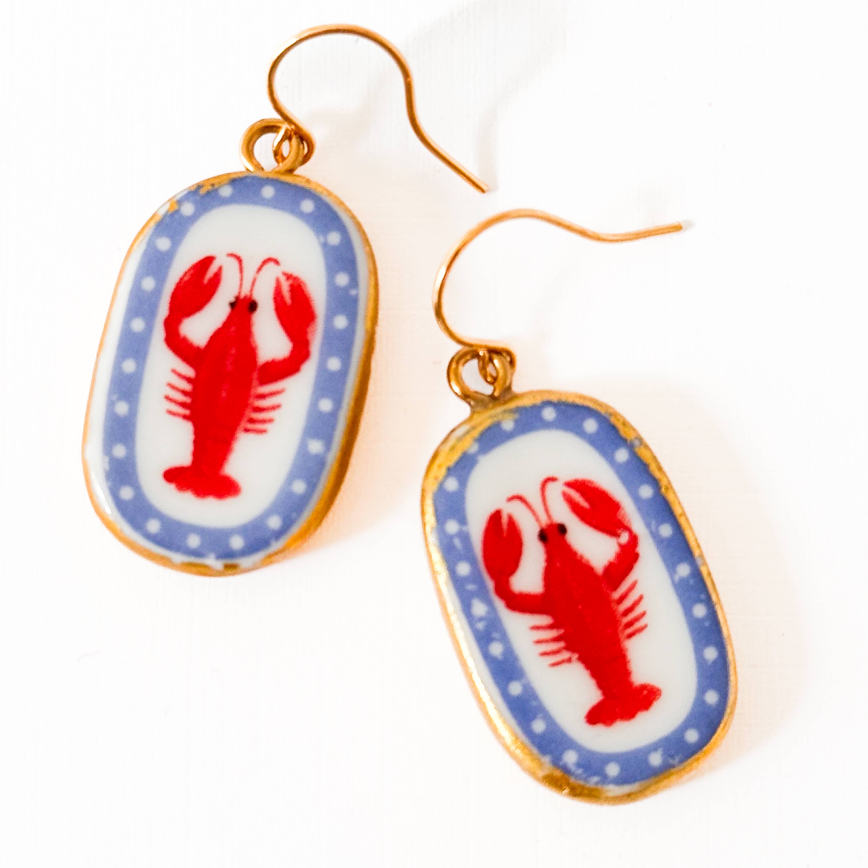 Ceramic Lobster Earrings Gold Plated Coastal Nautical