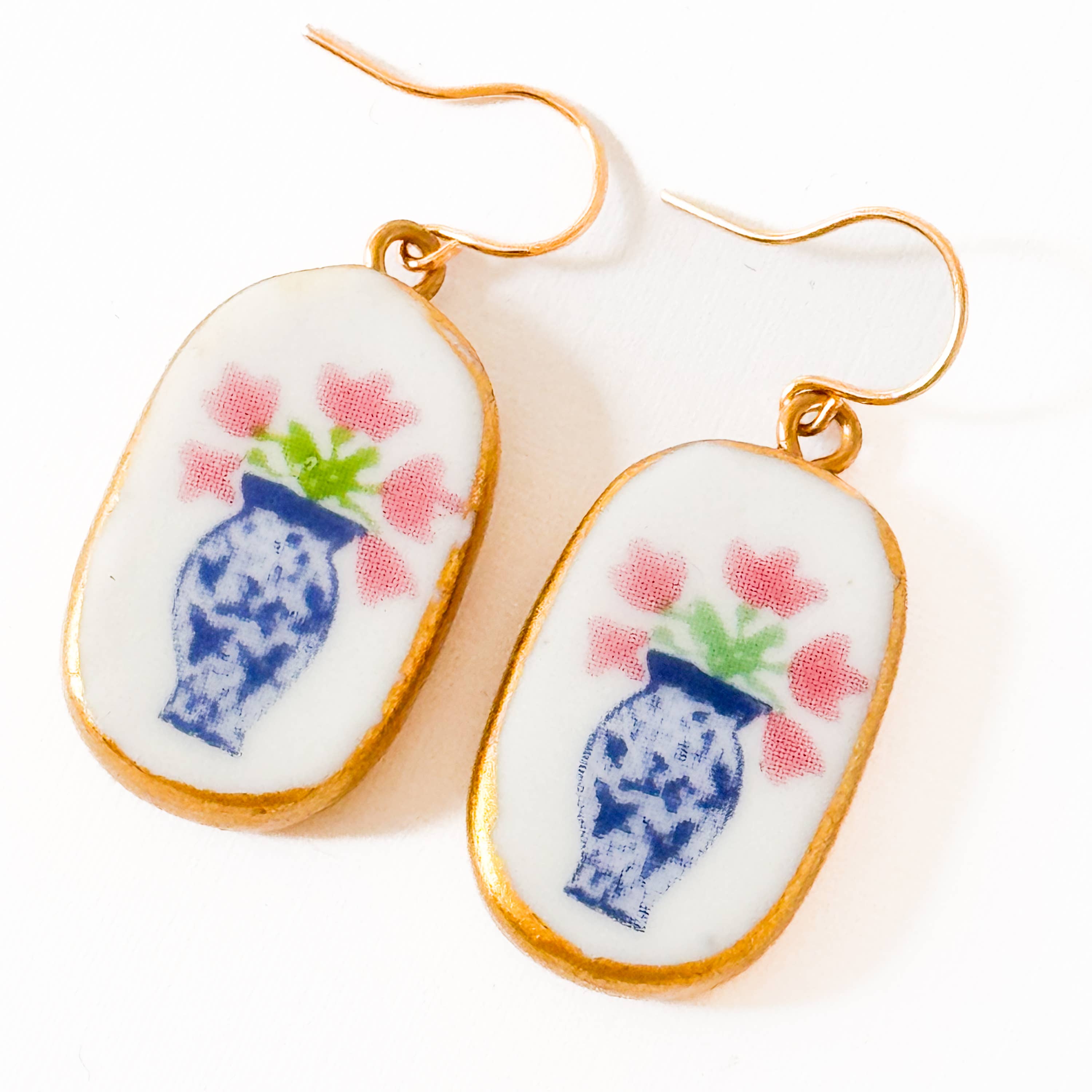 Ceramic Floral Vase Earrings Gold Plated Blue White