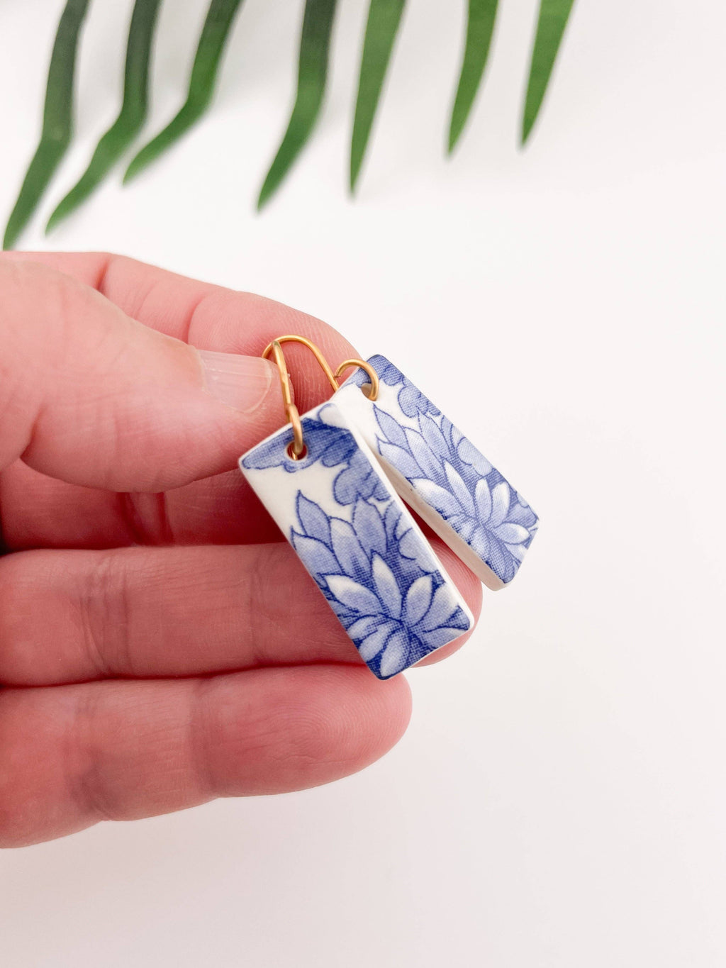 Blue China Wide Rectangle Dangle earrings on gold wire