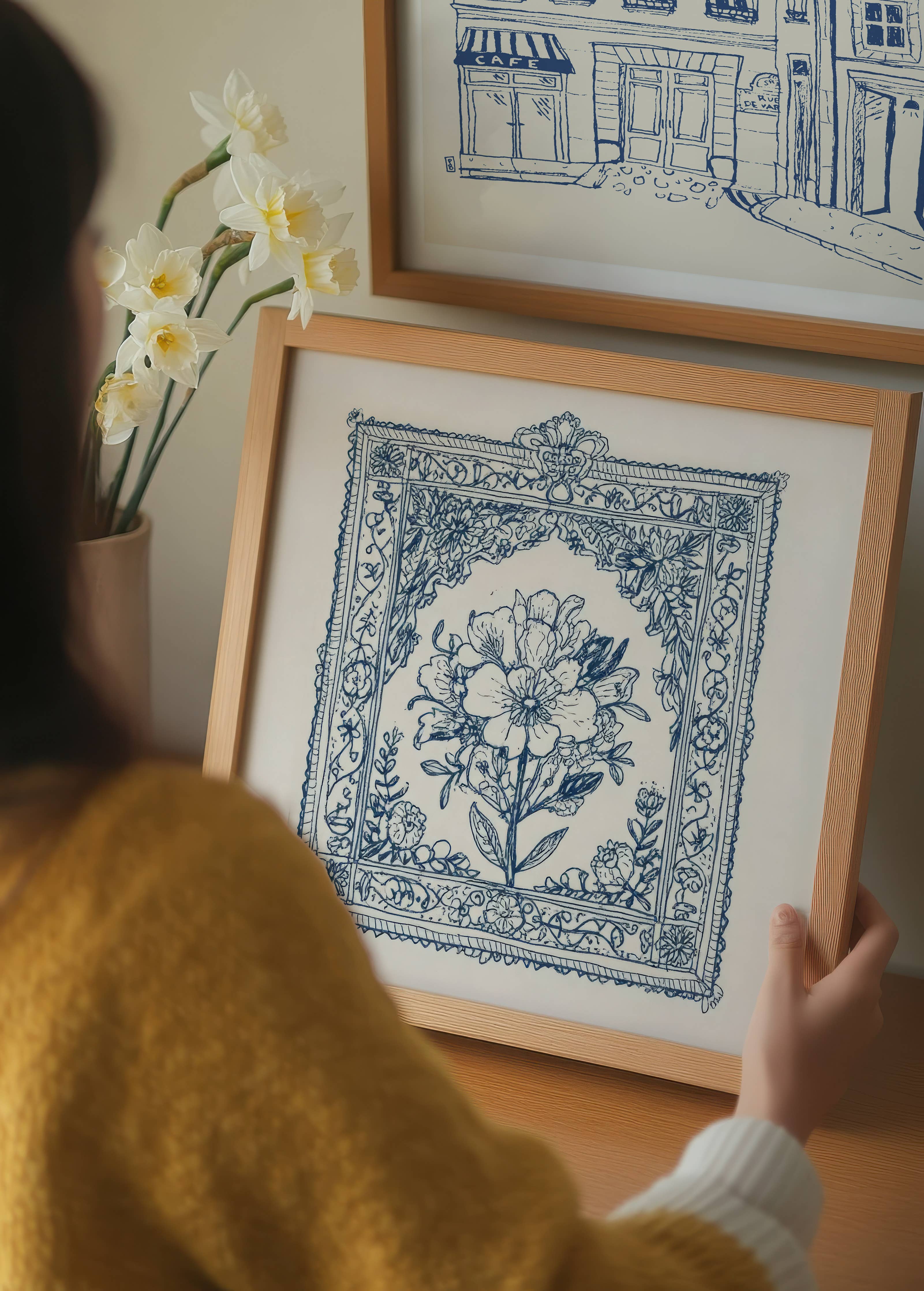 Floral Damask Art Print, Blue floral line art