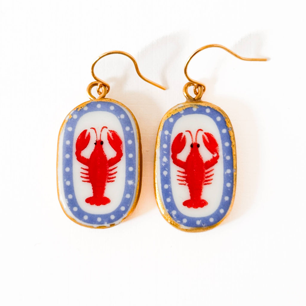Ceramic Lobster Earrings Gold Plated Coastal Nautical