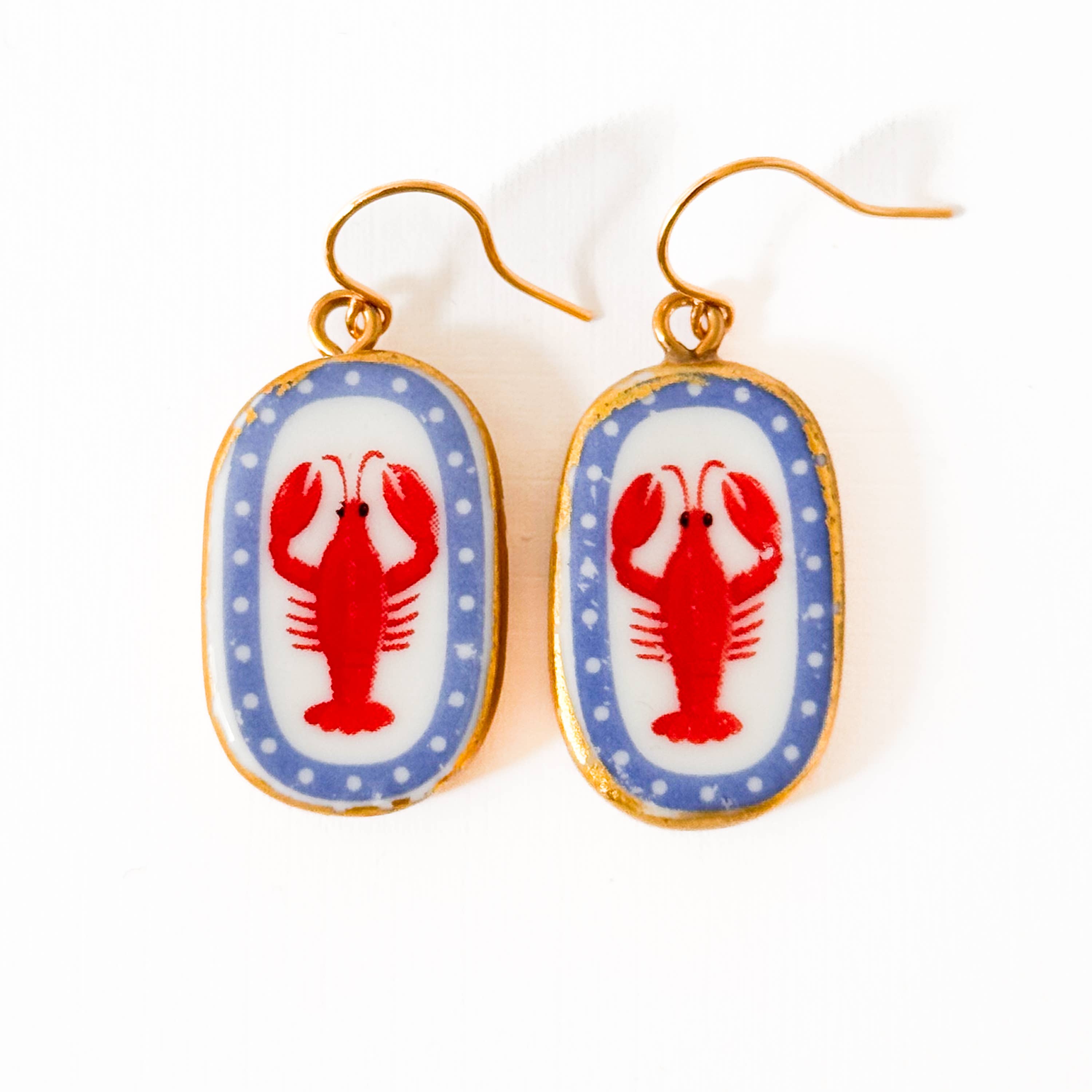 Ceramic Lobster Earrings Gold Plated Coastal Nautical
