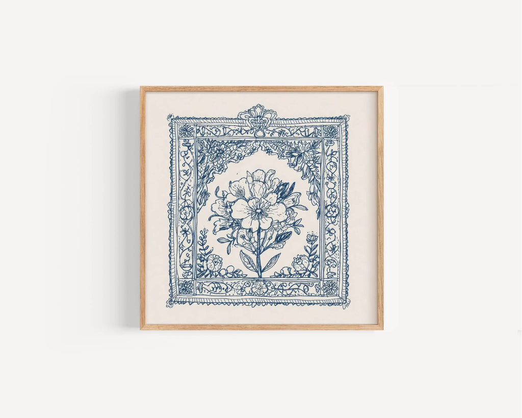 Floral Damask Art Print, Blue floral line art
