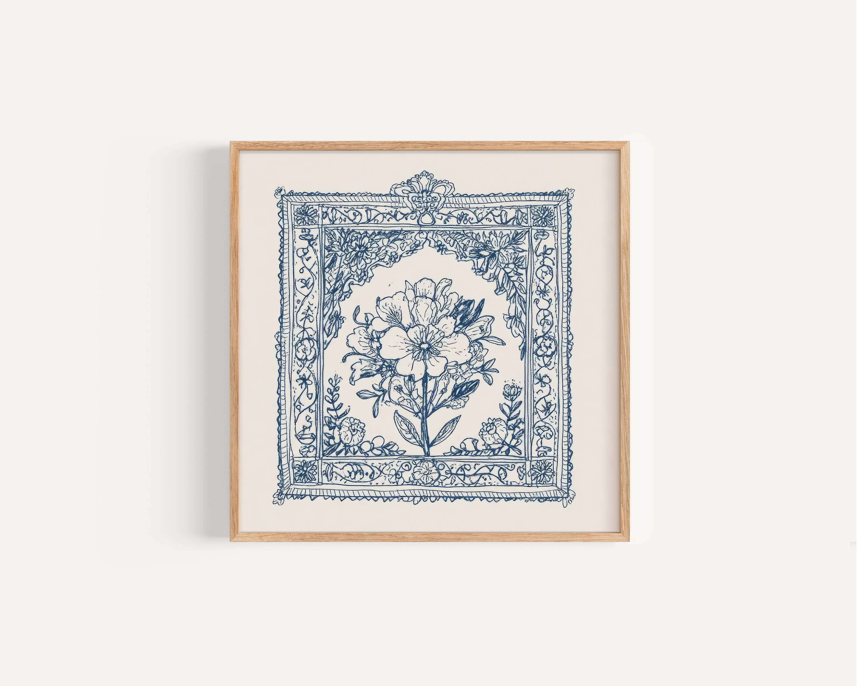 Floral Damask Art Print, Blue floral line art